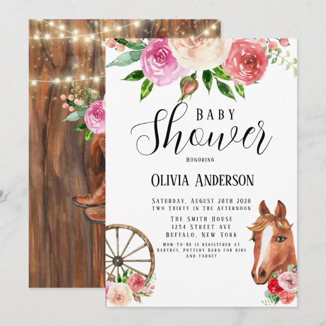 Invitación Baby Shower Country Wagon Wheel y Florals (Anverso / Reverso)