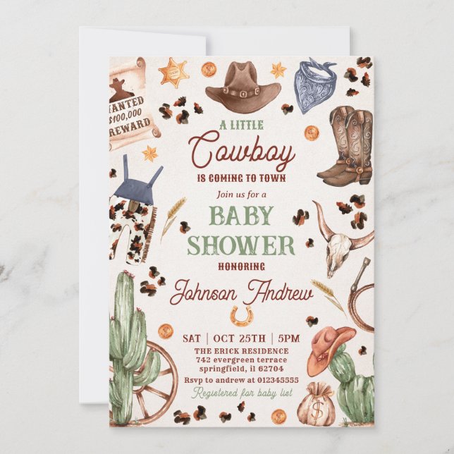 Invitación Baby Shower CowBoy de rancho personal (Anverso)