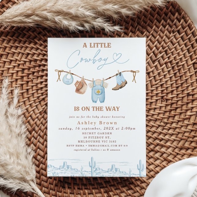 Invitación Baby Shower Cowboy de Western Blue Brown Clothesli (Cowboy Baby Shower Invitation Template, Little Cowboy Is On The Way Baby Shower Invitation, Clothes )