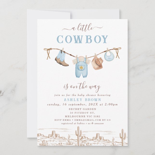 Invitación Baby Shower Cowboy de Western Blue Brown Clothesli (Anverso)