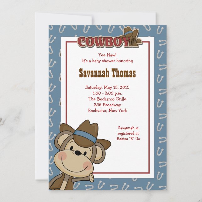 Invitación Baby Shower Cowboy Western Monkey 5x7 (Anverso)