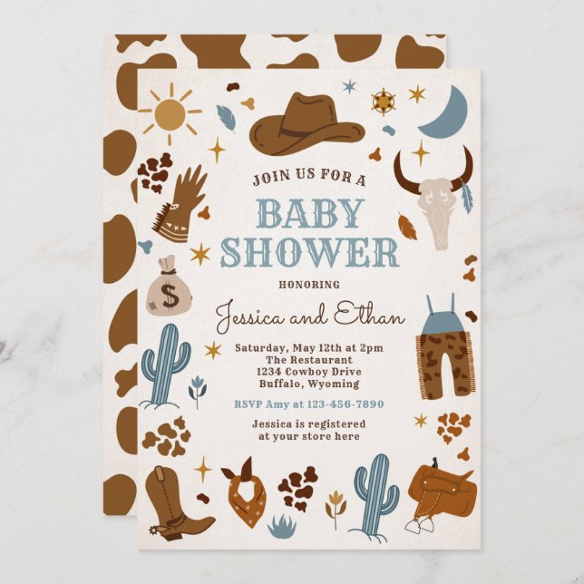 Invitación Baby Shower Cowboy Wild West Rodeo Ranch (Anverso / Reverso)