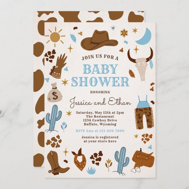 Invitación Baby Shower Cowboy Wild West Rodeo Ranch (Anverso / Reverso)
