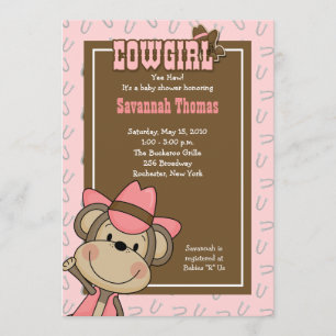Invitación Baby Shower Cowgirl Western Monkey 5x7
