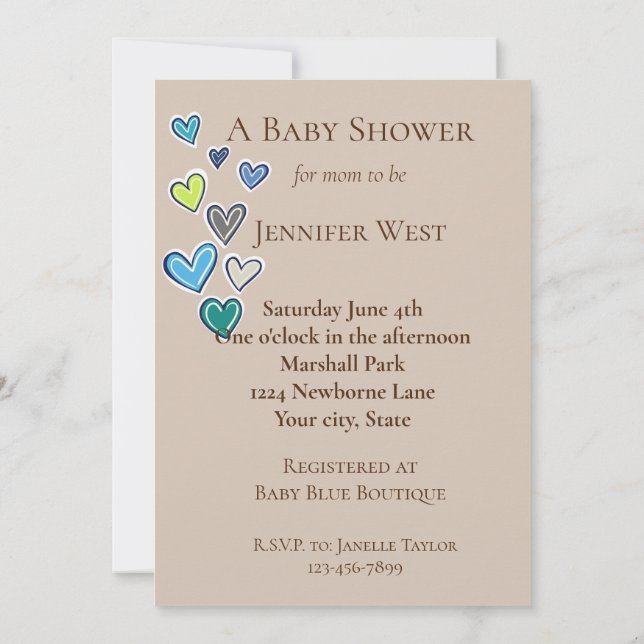 Invitación Baby Shower Cram Blue Green Hearts (Reverso)