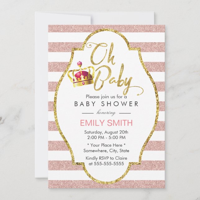 Invitación Baby Shower Crown Gold & Pink Moderne Stripes (Anverso)