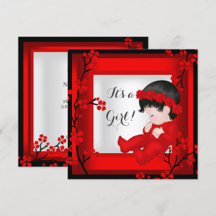 Invitación Baby Shower Cuke Baby Girl Red Blossom Black White