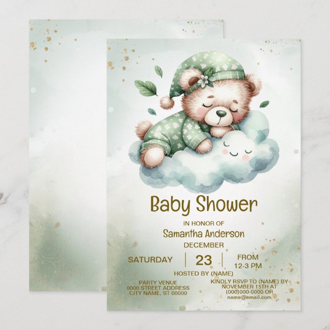 Invitación Baby Shower curado de osito de peluche verde (Anverso / Reverso)