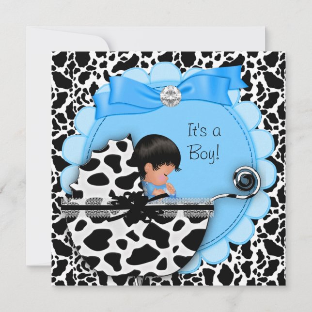 Invitación Baby Shower Cute Baby Boy Blue Pram Cow (Anverso)