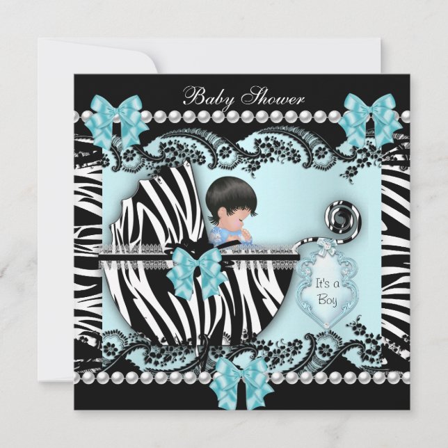 Invitación Baby Shower Cute Baby Boy Blue Zebra Lace (Anverso)