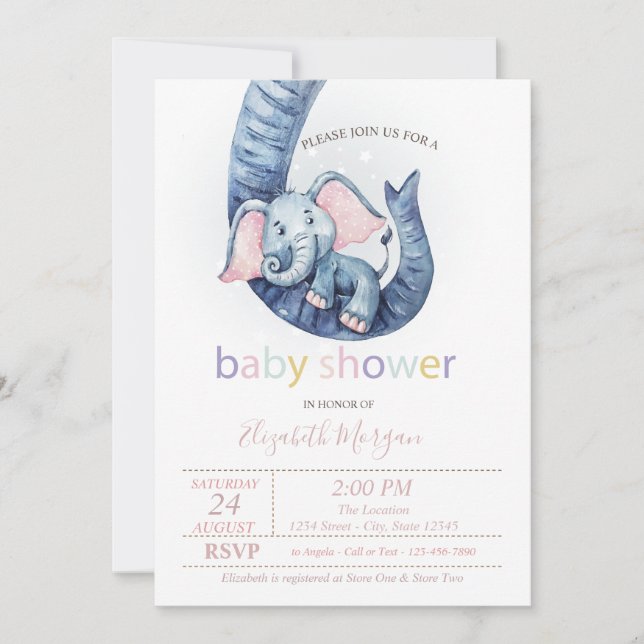 Invitación Baby Shower Cute Baby Elephant Polka (Anverso)