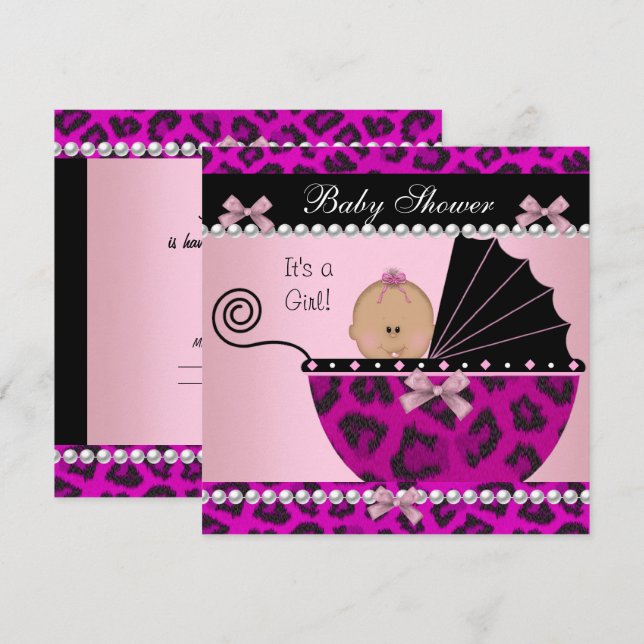 Invitación Baby Shower Cute Baby Girl Hot Pink Leopardo (Anverso / Reverso)