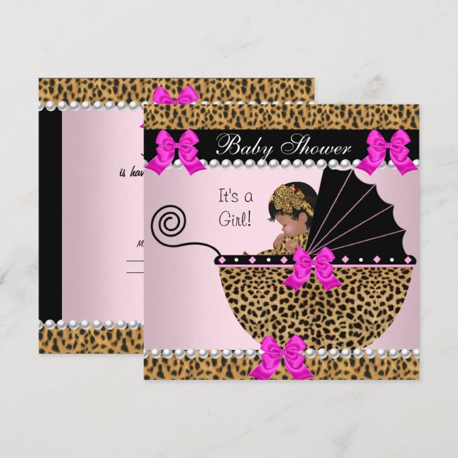Invitación Baby Shower Cute Baby Girl Leopard Hot Pink (Anverso / Reverso)