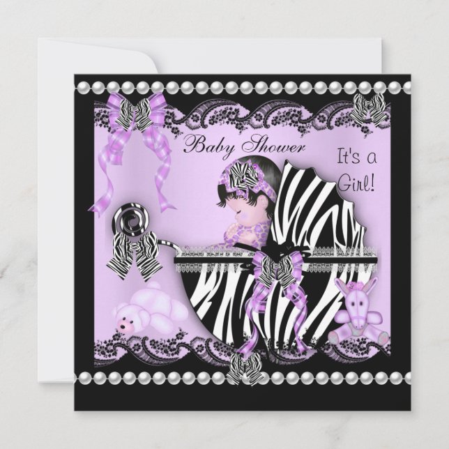 Invitación Baby Shower Cute Baby Girl Lilac Zebra Lace (Anverso)