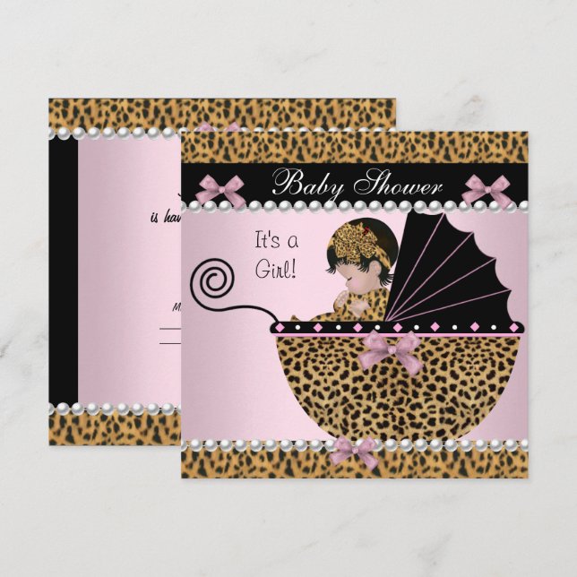 Invitación Baby Shower Cute Baby Girl Pink Leopard Bow (Anverso / Reverso)
