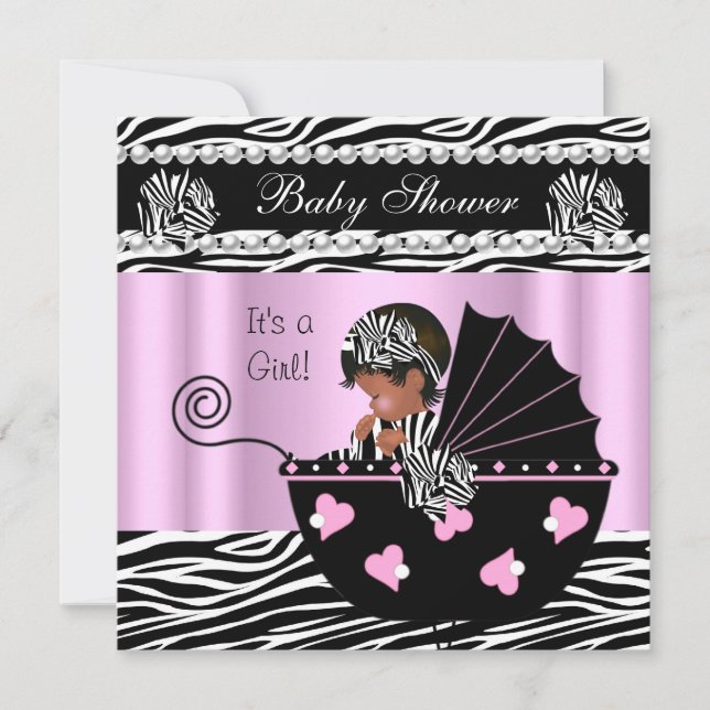 Invitación Baby Shower Cute Baby Girl Pink Zebra Bow (Anverso)