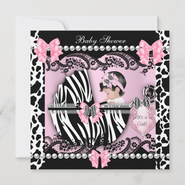 Invitación Baby Shower Cute Baby Girl Pink Zebra Cow Lace (Anverso)