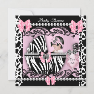 Invitación Baby Shower Cute Baby Girl Pink Zebra Cow Lace