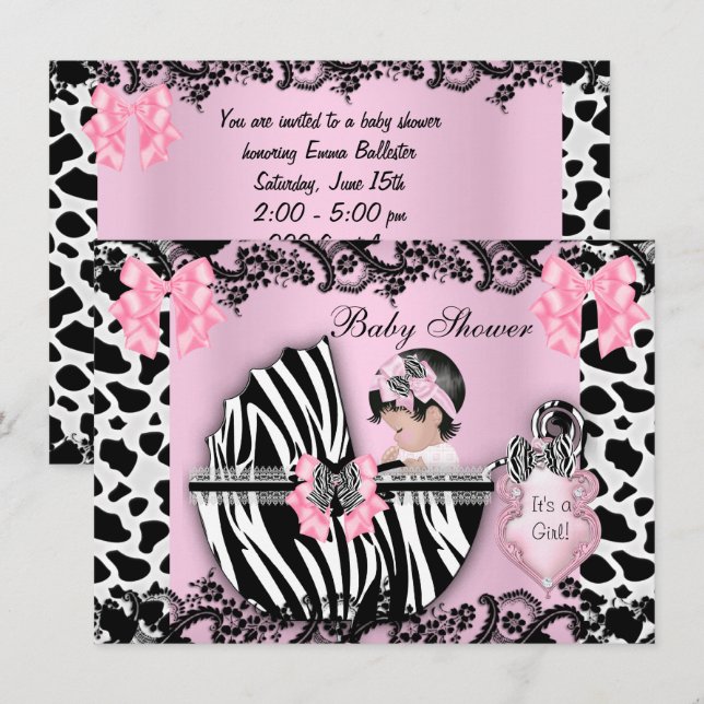 Invitación Baby Shower Cute Baby Girl Pink Zebra Cow Lace 3 (Anverso / Reverso)