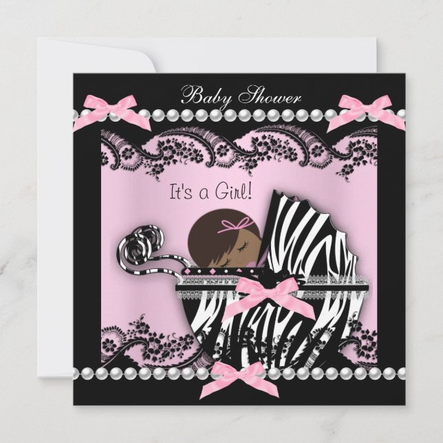 Invitación Baby Shower Cute Baby Girl Pink Zebra Lace (Anverso)