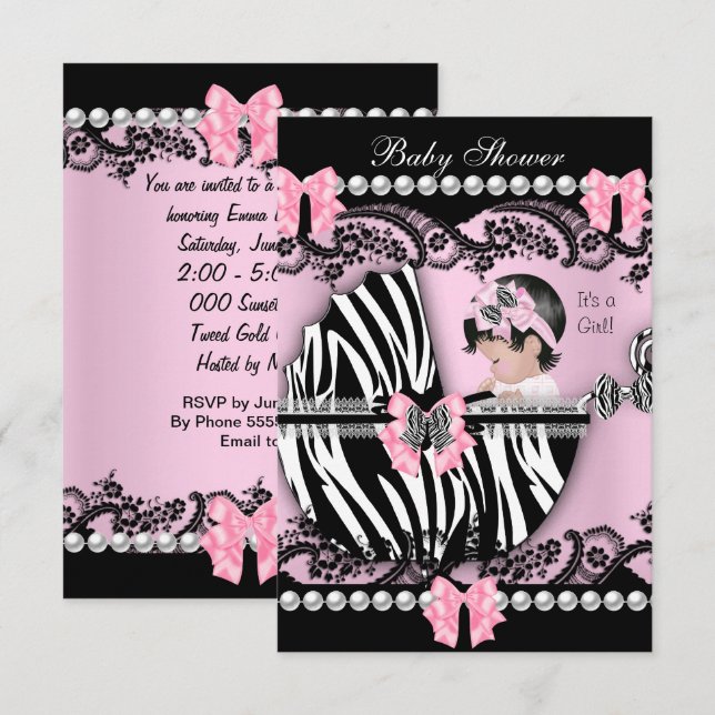 Invitación Baby Shower Cute Baby Girl Pink Zebra Lace (Anverso / Reverso)