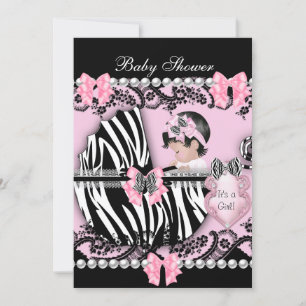 Invitación Baby Shower Cute Baby Girl Pink Zebra Lace 2