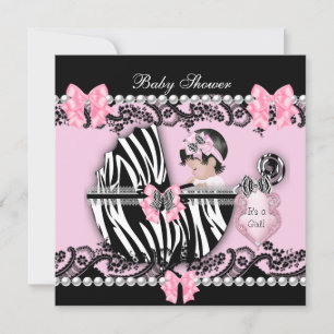 Invitación Baby Shower Cute Baby Girl Pink Zebra Lace 2