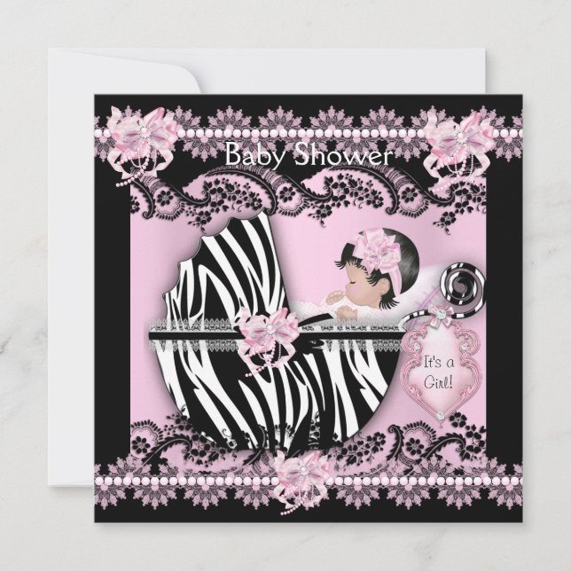 Invitación Baby Shower Cute Baby Girl Pink Zebra Lace NEW (Anverso)