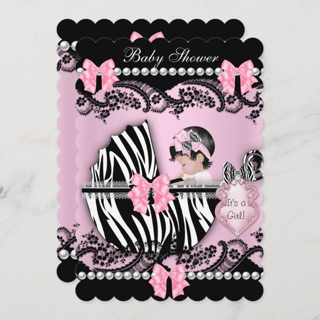 Invitación Baby Shower Cute Baby Girl Pink Zebra Lace SCALL (Anverso / Reverso)