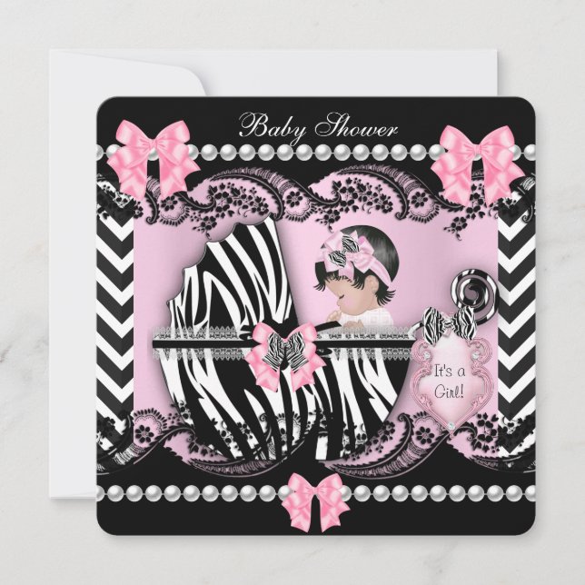 Invitación Baby Shower Cute Baby Girl Pink Zebra Lace Stripe (Anverso)