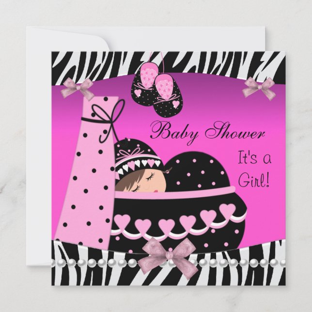 Invitación Baby Shower Cute Baby Girl Pink Zebra Print (Anverso)