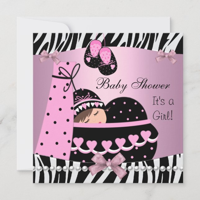 Invitación Baby Shower Cute Baby Girl Pink Zebra Print (Anverso)
