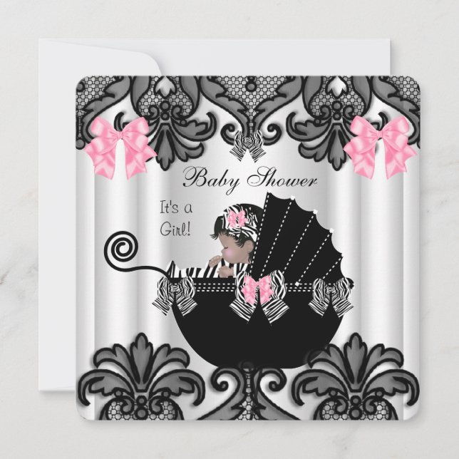 Invitación Baby Shower Cute Baby Girl Pink Zebra White Black (Anverso)