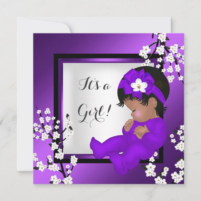 Invitación Baby Shower Cute Baby Girl Purple Blossom Black AM (Anverso)