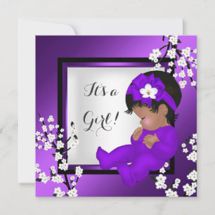 Invitación Baby Shower Cute Baby Girl Purple Blossom Black AM