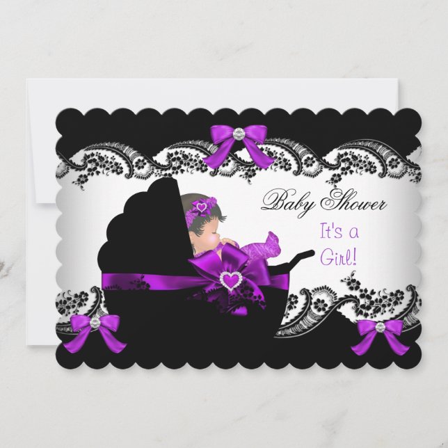 Invitación Baby Shower Cute Baby Girl Purple Pink Lace S (Anverso)