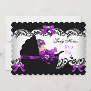 Invitación Baby Shower Cute Baby Girl Purple Pink Lace S