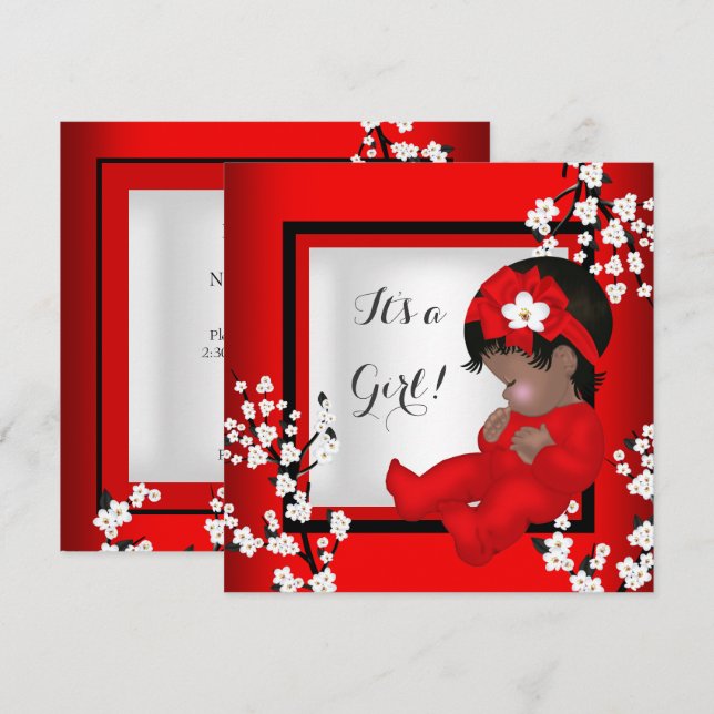 Invitación Baby Shower Cute Baby Girl Red Blossom Black AM4 (Anverso / Reverso)
