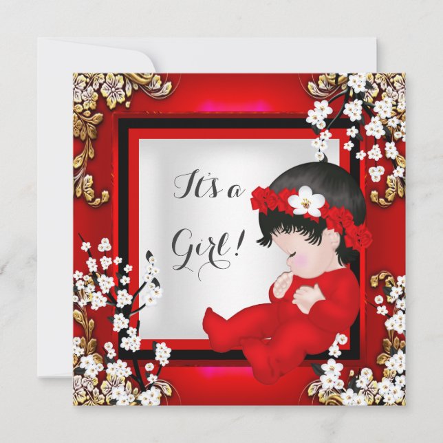 Invitación Baby Shower Cute Baby Girl Red Blossom Black AM4 (Anverso)