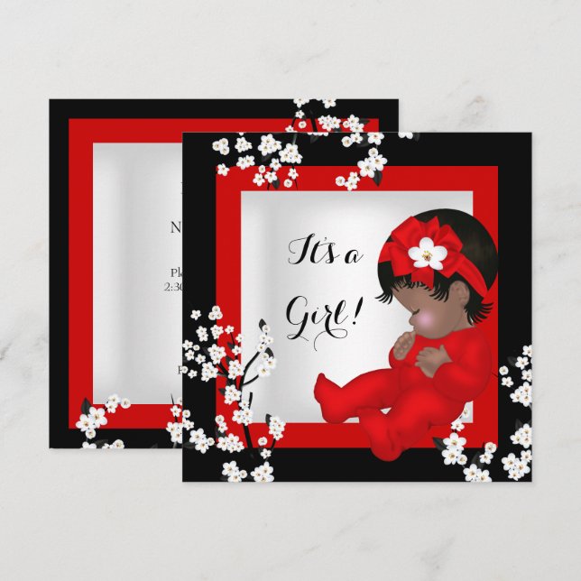 Invitación Baby Shower Cute Baby Girl Red Blossom Black AM5 (Anverso / Reverso)