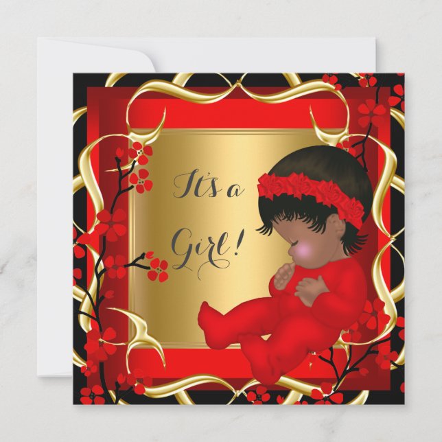 Invitación Baby Shower Cute Baby Girl Red Blossom Gold AM 3 (Anverso)