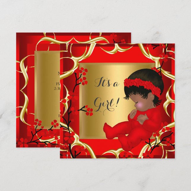 Invitación Baby Shower Cute Baby Girl Red Blossom Gold AM 4 (Anverso / Reverso)