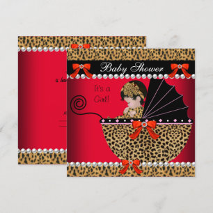 Invitación Baby Shower Cute Baby Girl Red Leopard Bow
