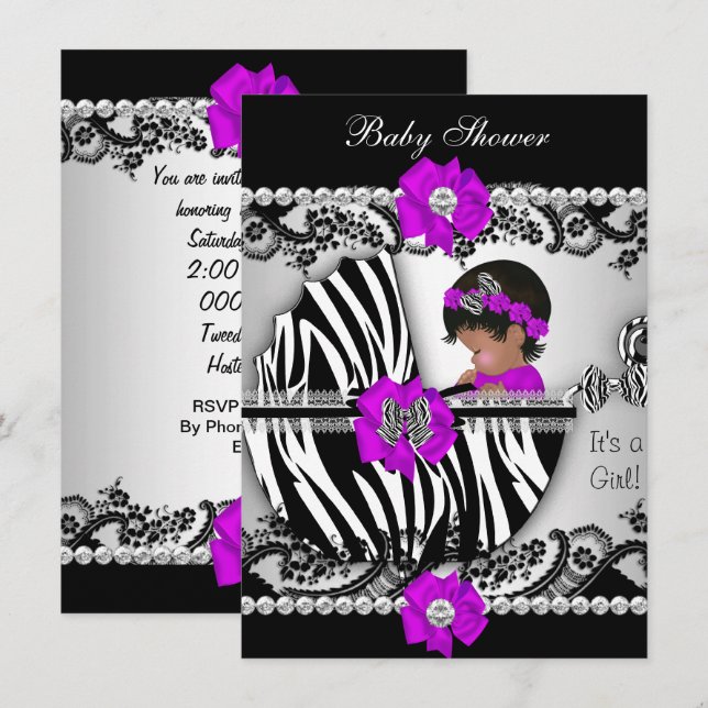 Invitación Baby Shower Cute Baby Girl Zebra Purple Pink Black (Anverso / Reverso)