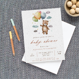 Invitación Baby Shower Cute Bear and Pastel Balloons