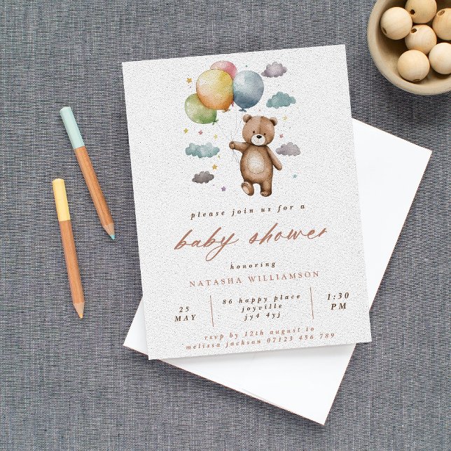 Invitación Baby Shower Cute Bear and Pastel Balloons (Subido por el creador)