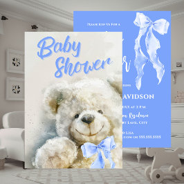 Invitación Baby Shower Cute Bear Blue Ribbon