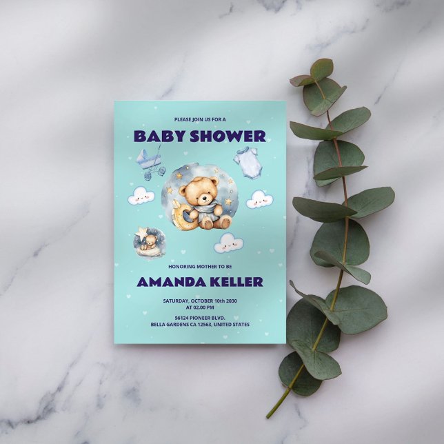 Invitación Baby Shower Cute Bear & Moon (Subido por el creador)