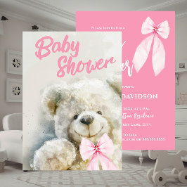 Invitación Baby Shower Cute Bear Pink Ribbon