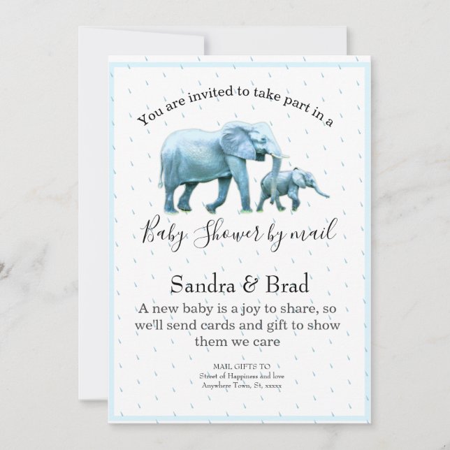 Invitación Baby Shower Cute Blue Baby Boy Elephants (Anverso)